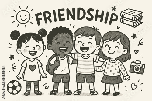 Cartoon Kids' Friendship. Four smiling cartoon kids represent friendship, each with unique hairstyles and outfits, lined up below playful 'FRIENDSHIP' text. Surrounding them are
