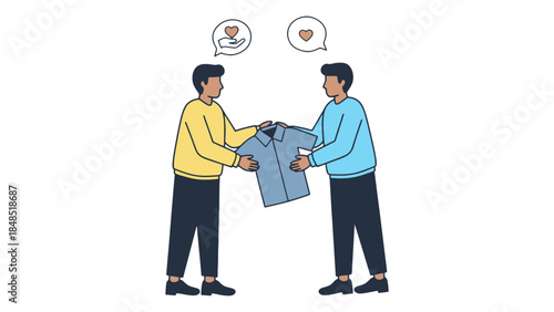 Two men exchanging clothes with hearts above them