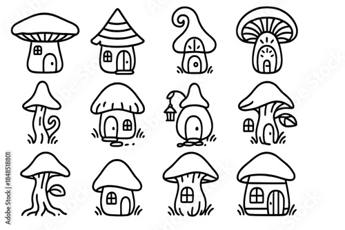 Enchanted Mushroom Dwellings. Enchanted Fungi Homes linear set: broad-cap shelter, striped mushroom hut, curled-cap house, luminous gill window, twisting stem home, mossy doorstep,