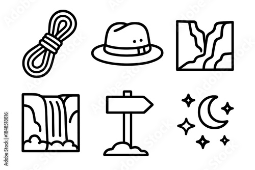 Outdoor Adventure Icons. Outdoor adventure themes linear set: climbing rope, sturdy hat, canyon ridge, waterfall icon, trail sign, starry night.