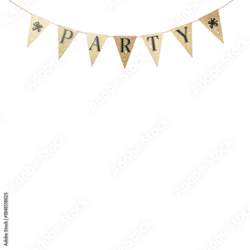 A festive party banner hanging in a celebratory environment from an overhead viewpoint