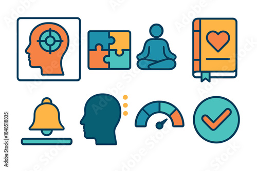 Brain Health Icons. Brain health app tools flat set: attention tracker tile, cognitive challenge bar, meditation node, mood journal icon, habit reminder strip, reflection tile,
