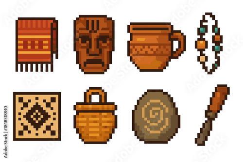 Cultural Craft Icons. Cultural Craft Collection pixel style set: handwoven cloth, carved mask, pottery cup, bead string, stamped pattern tile, reed basket, etched stone, artisanal