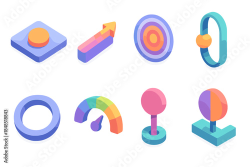 Colorful Behavior Icons. Behavior-shift frameworks flat isometric set: cue tile, action path bar, reinforcement pulse, goal bead, habit ring, progress meter, trigger node, change