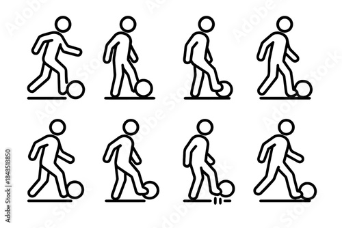 Soccer Skill Icons. Ball Control Basics Set linear set: dribbling icon, soft touch symbol, trapping foot, rolling control, inside-foot tap, outside-foot tap, bounce settle, guided