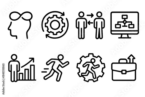 Adaptive Workplace Icons. Adaptive workplace behaviors themes linear set: flexible mindset, continuous improvement, collaborative adaptability, responsive workflow, growth-oriented