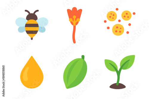 Pollination Icon Set. Pollination Cycle isometric flat set: bee, flower stigma, pollen grains, nectar droplet, seed pod, leaf sprout.