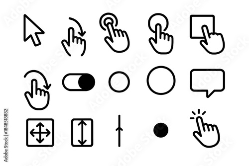 User Interaction Icons. User Interaction Forms linear set: click pointer, swipe curve, tap burst, hover shade, drag path, toggle tile, selection ring, prompt bubble, expand tile,