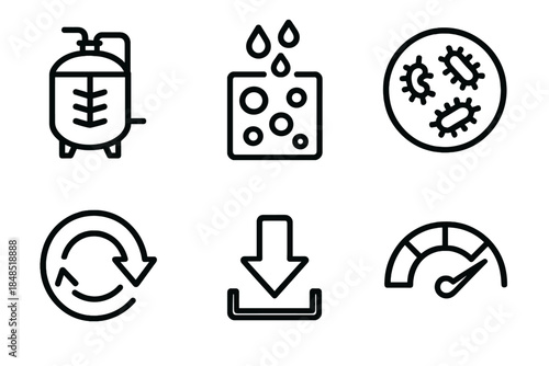 Bio-Industrial Icons. Bio-Industrial Production Models linear set: bioreactor unit, nutrient feed tile, microbial growth icon, product collection arrow, process flow loop,