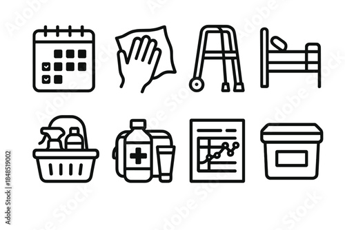 Daily Care Icons. Practical Care Tasks linear set: schedule planner, cleaning cloth, mobility aid, safety rail, supply basket, hygiene kit, monitoring chart, labeled container.