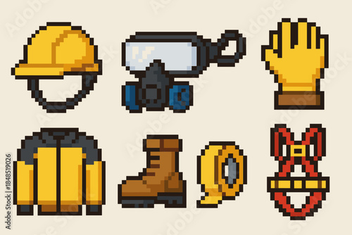 Essential Safety Gear Icons. Essential Protective Items set of icons in flat pixel vector style: impact helmet, clear visor, filtration mask, abrasion gloves, padded sleeves,