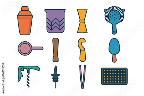 Modern Cocktail Bar Tools. Cocktail Bar Tools flat set: shaker tin, stirring beaker, double jigger, hawthorne strainer, fine mesh sieve, wooden muddler, channel knife, ice scoop,