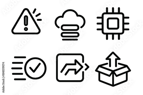 System Process Icons. System Flow linear set: trigger event, data intake, processing core, validation unit, transformation unit, result release.