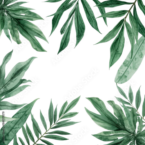 A serene arrangement of lush green leaves forming a natural frame on a pristine white background