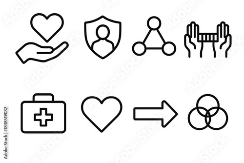 Volunteer Support Icons. Volunteer Support Framework linear set: care-hand symbol, outreach badge, collaboration node, shared-effort bar, supply kit tile, compassion heart, service