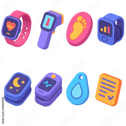 Wellness Gadget Icons. Wellness Tracking Equipment isometric flat set: wearable heart sensor, body temp scanner, step pod, smart BP gauge, sleep rhythm tracker, oxygen meter,