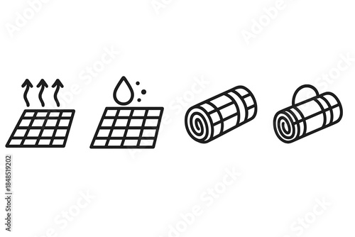 Recreational Blanket Icons. Recreational Blankets linear set: breathable-fabric tile, easy-clean mat bead, roll-up strap node.