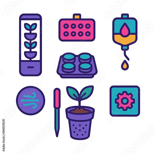 Futuristic Indoor Gardening. Space-efficient grow tech flat set: vertical mini tower, LED panel strip, seed puck tray, nutrient drip pack, airflow port, soil probe, root chamber