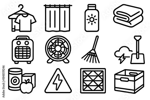 Seasonal Home Prep Icons. Home Season Switch linear set: wardrobe swap hanger, insulated curtain, sunscreen bottle, cozy throw, space heater, box fan, fall rake, snow shovel,