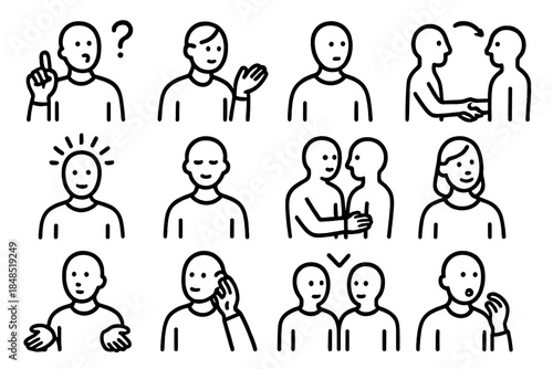 Communication Icons Set. Interpersonal Communication Hints linear set: question gesture, reflective nod, gentle hand lift, turn-taking cue, engagement marker, calm presence icon,