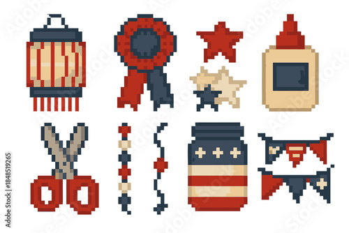 Independence Day Crafts. Independence Day creative crafts set set of icons in flat pixel vector style: paper lantern, ribbon rosette, star cutouts, glue bottle, craft scissors,