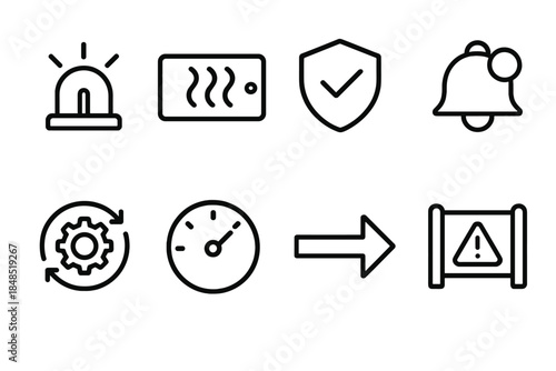 Secure System Icons. Secure Control System Set linear set: safety beacon icon, risk-detection strip, protected-flow tile, alarm-state node, secure process ring, stability meter bar