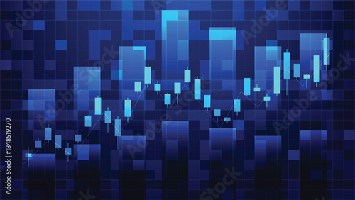 finance and economy growth. digital bar chart and stock market candlesticks on blue graphic background 