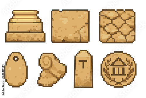 Historic Icon Set. Historic Site Elements set of icons in flat pixel vector style: carved column base, weathered wall, inscription panel, ancient walkway, site marker tag, relic