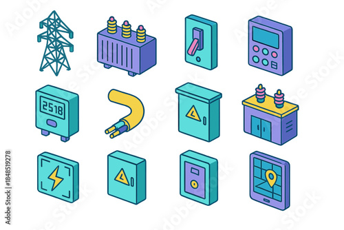 Isometric Grid Infrastructure Icons. Grid Infrastructure Icons isometric flat set: tall power tower, transformer block, safety switch, command panel, digital meter, insulated cable