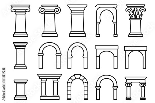 Classic Architectural Elements. Historic Column & Arch Set linear set: tapered column, ionic volute top, corinthian leaf capital, smooth shaft, pedestal base, semicircle arch,