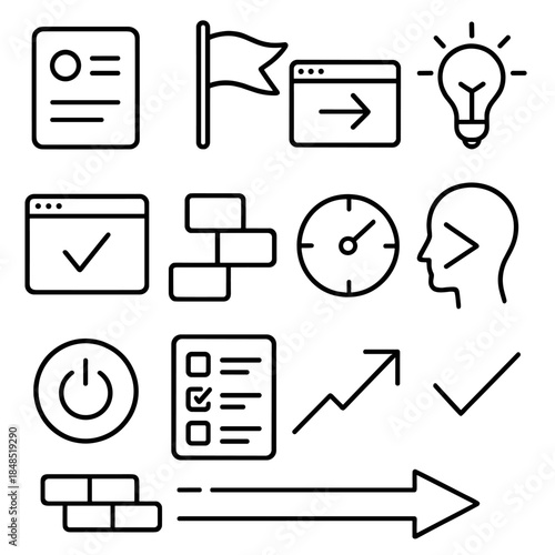 Task Management Icons. Task Engagement Focus linear set: clear objective card, priority flag, action cue arrow, motivating spark, single-task window, distraction block wall,