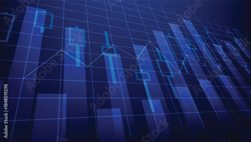stock market chart. candlesticks with bar graph on blue background. finance and business investment growth