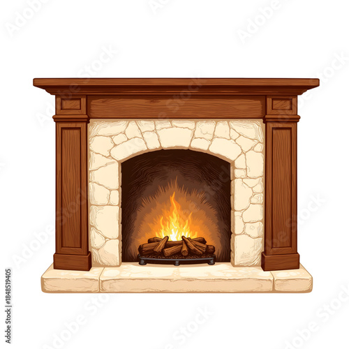 Elegant fireplace mantel engraving with warm walnut tones, cozy decor