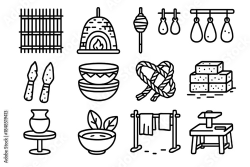 Early Crafting Icons. Resource-Wise Early Crafting linear set: reed mats, clay kiln, spinning spindle, loom weights, stone chisels, carved wooden bowls, fiber ropes, sun-dried
