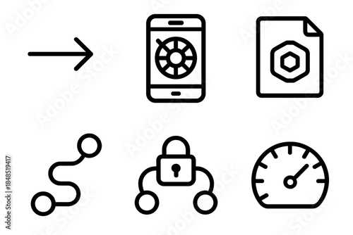 Digital Asset Mobility. Digital Asset Mobility linear set: transfer arrow, mobile vault icon, asset packet, routing path line, secure hop node, mobility gauge.