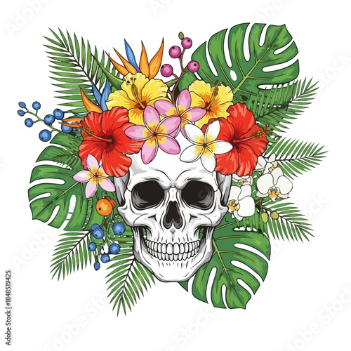 Floral Skull Vector Illustration with Roses and Botanical Elements