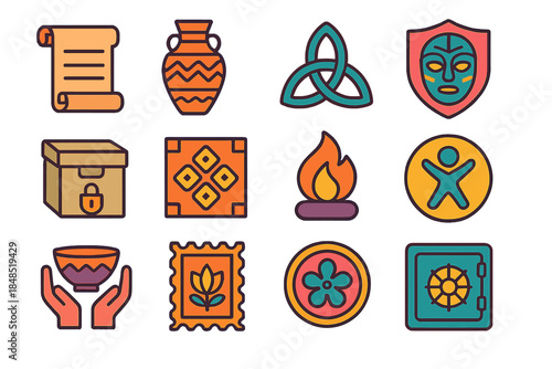 Cultural Heritage Icons. Cultural Preserve Icons flat set: heritage scroll, traditional artifact, cultural knot, protected mask, archive box, preserved pattern, memory flame,