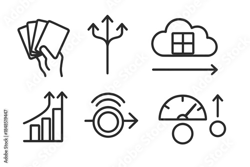 Potentiality Space Icons. Potentiality Space Set linear set: option fan spread, future-branch line, scenario cloud tile, open-horizon arrow, divergent outcome bar, possibility