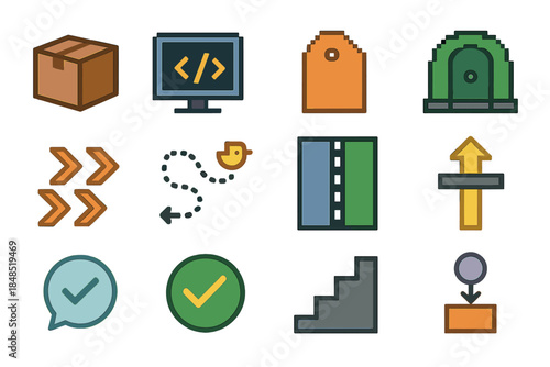 Deployment Icons Set. Staged Deployment Icons pixel style set: dev box, test environment panel, staging tag, production gate, phased rollout arrows, canary path, blue/green lanes,
