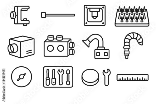 Laser Workshop Icons. Laser Workshop Gear linear set: adjustable laser bracket, beam alignment rod, lens carriage frame, support pin bed, particulate filter box, cooling manifold,