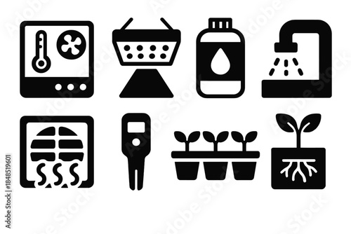 Brutalist Agriculture Icons. Controlled environment agriculture silhouette set: climate control unit, LED grow light, nutrient tank, irrigation emitter, airflow vent, sensor probe,