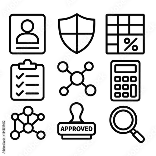 Underwriting Icons Overview. Underwriting Data Set linear set: applicant profile, coverage tiers, scoring matrix, premium calculator, eligibility checklist, data nodes,