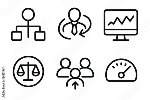Operational Model Icons. Transparent Operational Models linear set: workflow node, responsibility flow arrow, monitoring tile, equitable decision ring, shared input icon, integrity