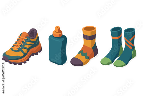 Trail Running Gear. Trail Running Essentials flat isometric set: rugged trail shoes, hydration flask, terrain-grip socks.
