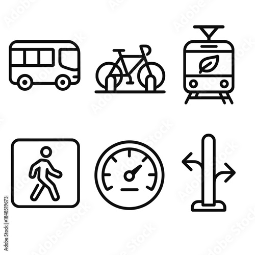 Urban Mobility Icons. Urban sustainable mobility linear set: compact bus, street bike rack, eco tram, pedestrian zone sign, efficiency gauge, path divider.