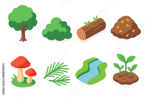 Isometric Forest Elements. Forest Habitat Components isometric flat set: canopy silhouette, shrub layer, decomposing log, leaf mold, fungi sprout, pine needles, small brook,
