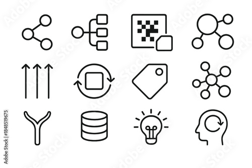 Cognitive Technology Icons. Cognitive Technology Components linear set: semantic node, reasoning line, recognition block, concept web, inference flow, adaptive unit, context tag,