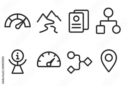 Strategic Planning Icons. Scenario Planning Tools linear set: risk scale, terrain sketch, option cards, flowchart node, info beacon, readiness meter, outcome path, status token.