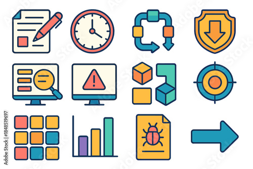 IT Maintenance Icons. IT Maintenance Planning Set flat set: change request form, maintenance window clock, update pipeline, rollback plan, log review icon, monitoring alert,