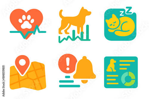 Smart Pet Tech Icons. Smart Pet Technology Monitoring flat set: heart rate icon, movement graph, sleep tracker, location map, alert badge, data panel.